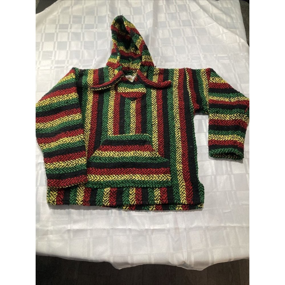 EARTH RAGS Festival Hoodie Red/green Baja Bohemian Striped Pullover Poncho SZ XL